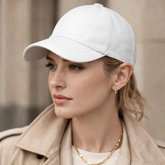 White Leather Baseball Cap - Real Lambskin Leather Hat for men NWT - Picture 4 of 5